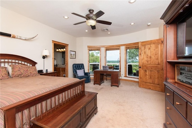 carpeted bedroom with ceiling fan