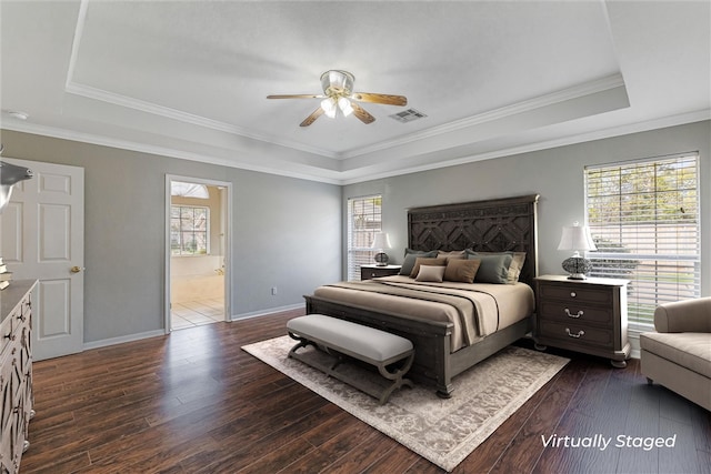 bedroom with dark hardwood / wood-style flooring, multiple windows, and ceiling fan