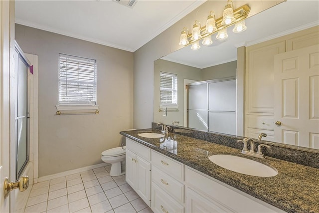 full bathroom with toilet, plenty of natural light, tile patterned flooring, and ornamental molding