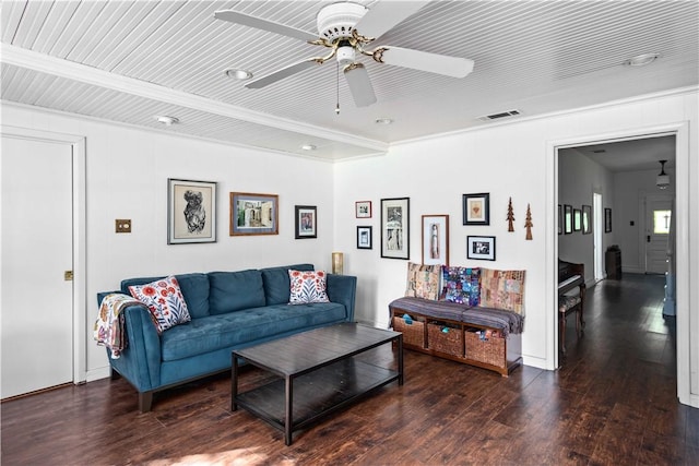 living room featuring dark hardwood / wood-style flooring and ceiling fan