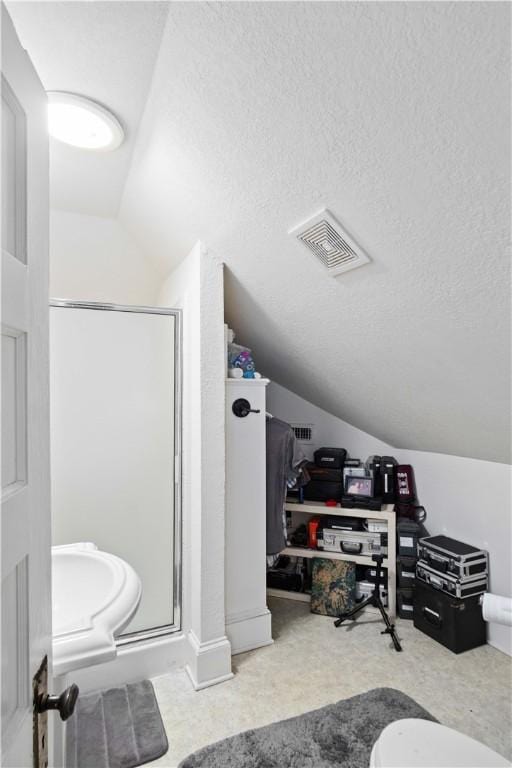 bathroom with a shower with door, a textured ceiling, and vaulted ceiling