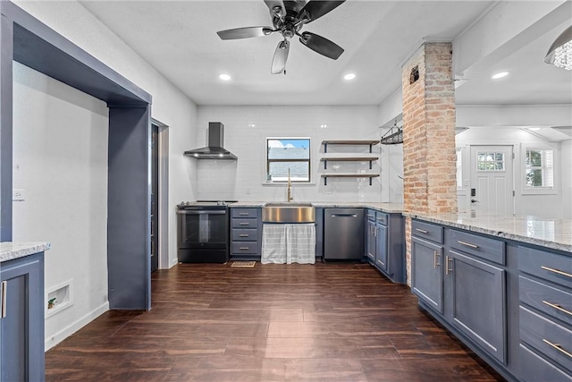 kitchen featuring wall chimney range hood, black / electric stove, sink, and dark hardwood / wood-style floors