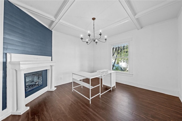 dining space featuring beamed ceiling, dark wood-type flooring, coffered ceiling, and a notable chandelier