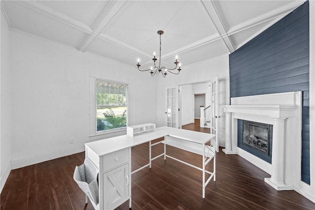 office with coffered ceiling, beamed ceiling, and dark hardwood / wood-style floors