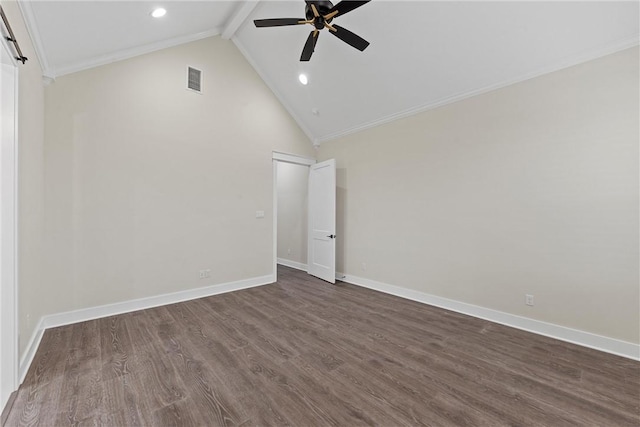 unfurnished room with dark wood-type flooring, high vaulted ceiling, beamed ceiling, ceiling fan, and a barn door