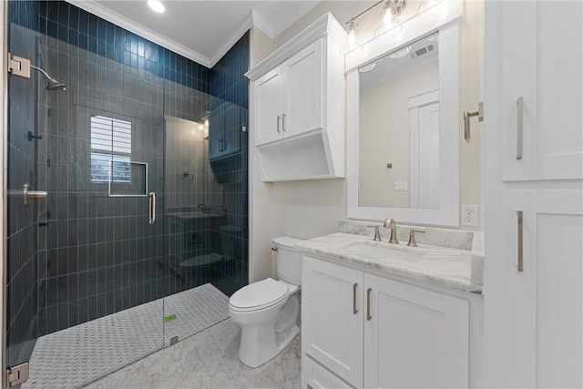 bathroom with ornamental molding, toilet, vanity, and walk in shower