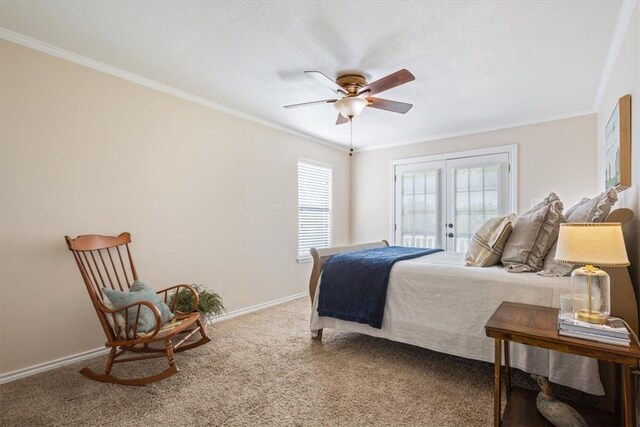 bedroom featuring carpet flooring, french doors, ceiling fan, and crown molding