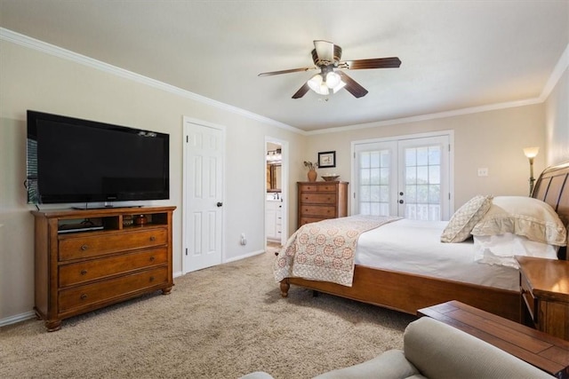 bedroom featuring carpet, ceiling fan, crown molding, and access to outside