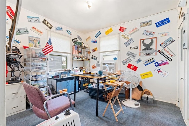 office featuring a workshop area and carpet flooring