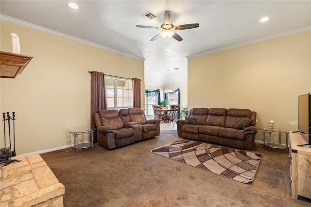 carpeted living room featuring ceiling fan and crown molding