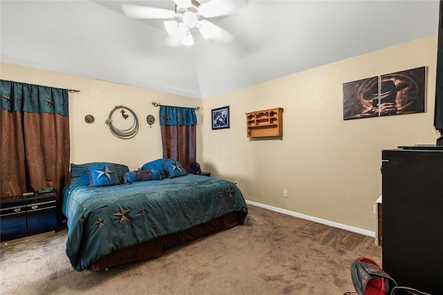 bedroom with carpet, ceiling fan, and lofted ceiling