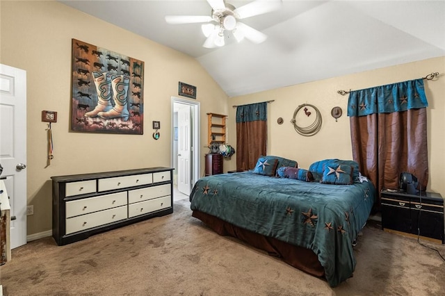 bedroom featuring carpet flooring, vaulted ceiling, and ceiling fan