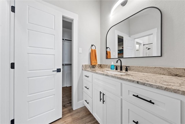 bathroom with vanity and hardwood / wood-style flooring