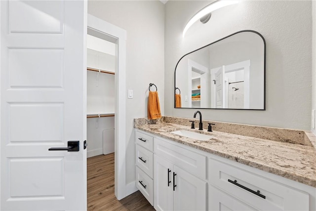 bathroom with hardwood / wood-style floors and vanity