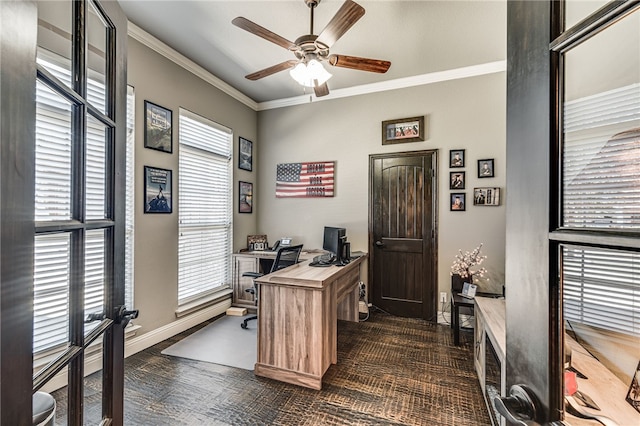 office area featuring ceiling fan, dark hardwood / wood-style floors, and ornamental molding