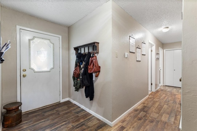 foyer entrance with a textured ceiling and dark hardwood / wood-style floors