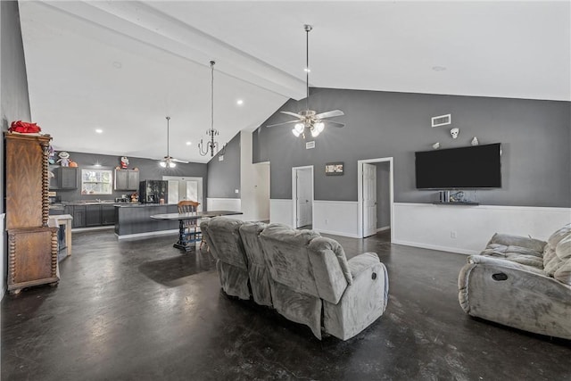 living room featuring ceiling fan, beam ceiling, and high vaulted ceiling