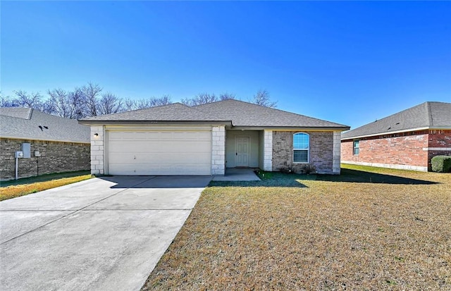 ranch-style house with a garage and a front lawn