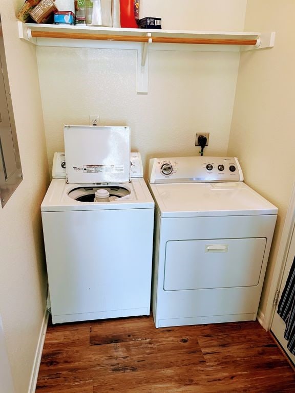 laundry area featuring independent washer and dryer and dark hardwood / wood-style floors