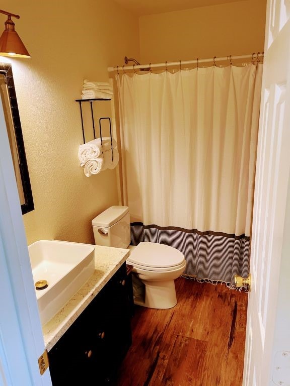 bathroom with hardwood / wood-style floors, vanity, and toilet