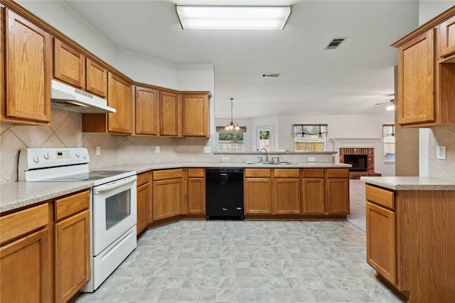 kitchen with kitchen peninsula, black dishwasher, white electric stove, and sink