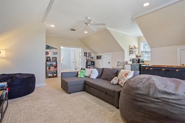 living area with baseboards, carpet, lofted ceiling, ornamental molding, and recessed lighting