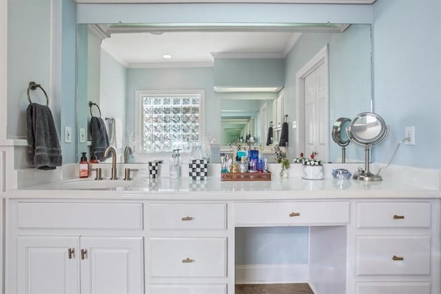 full bathroom featuring a sink, double vanity, and crown molding