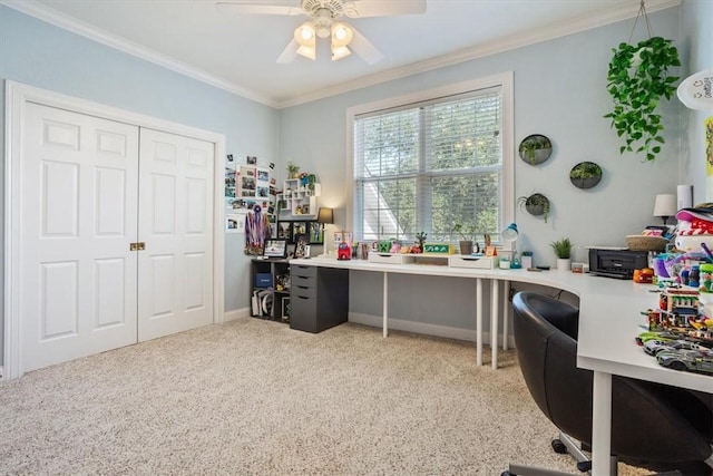 home office featuring crown molding, carpet floors, and ceiling fan