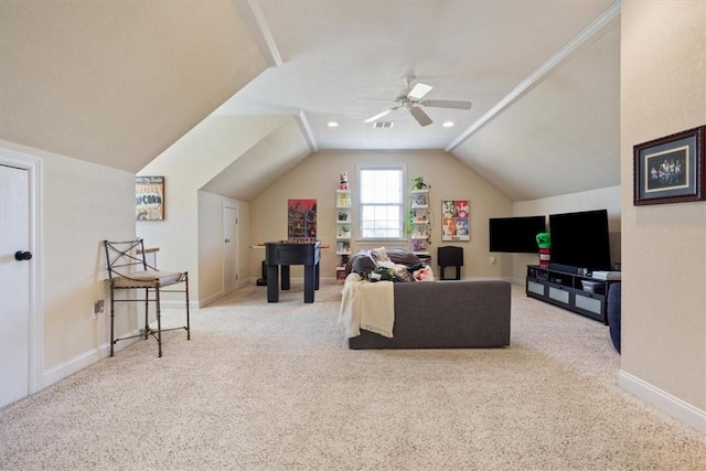 carpeted living area with recessed lighting, baseboards, a ceiling fan, and vaulted ceiling