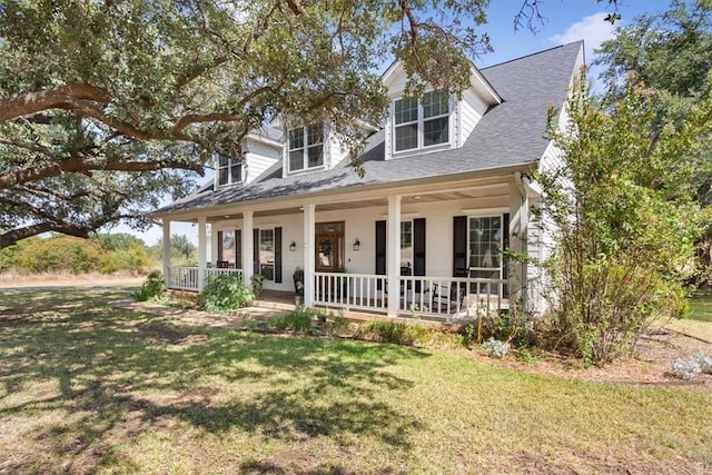 cape cod home featuring roof with shingles, covered porch, and a front yard