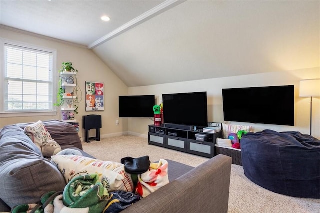 carpeted living area featuring recessed lighting, baseboards, and vaulted ceiling