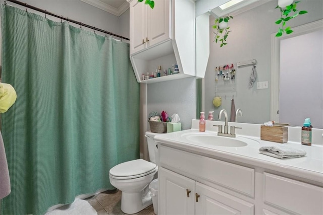 bathroom with vanity, a shower with curtain, crown molding, tile patterned floors, and toilet