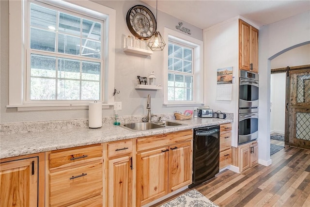 kitchen with dishwasher, sink, hanging light fixtures, dark hardwood / wood-style floors, and double oven