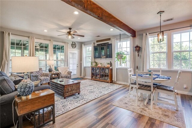 kitchen with hanging light fixtures, a healthy amount of sunlight, light wood-type flooring, and black dishwasher