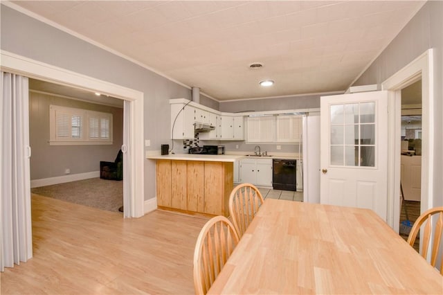 kitchen featuring dishwasher, white cabinets, sink, crown molding, and kitchen peninsula