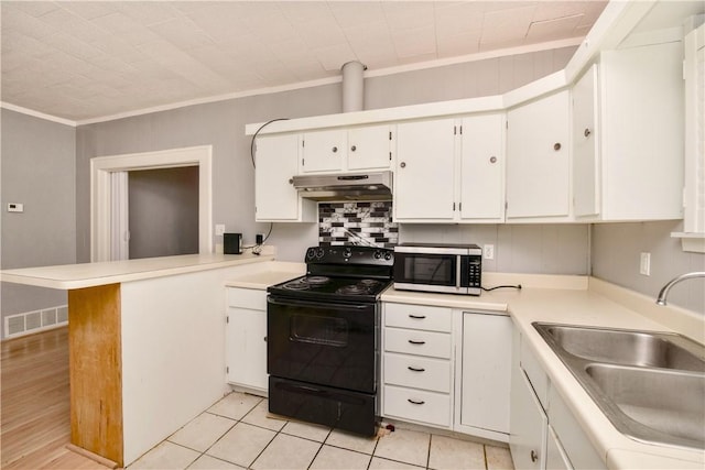 kitchen with kitchen peninsula, crown molding, sink, white cabinets, and black electric range oven