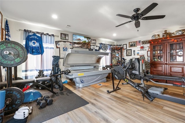 exercise area featuring ceiling fan and light hardwood / wood-style flooring