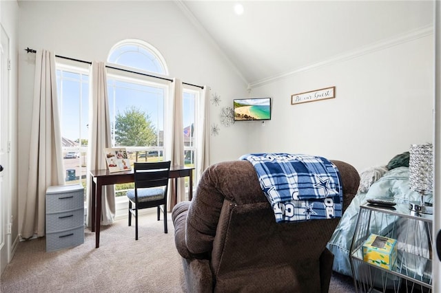 carpeted bedroom featuring high vaulted ceiling and crown molding