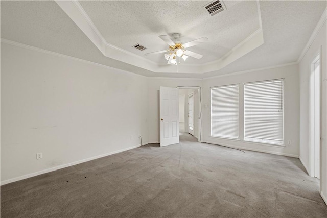 carpeted spare room with a raised ceiling, crown molding, and a textured ceiling