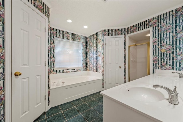 bathroom featuring vanity, shower with separate bathtub, and tile patterned flooring