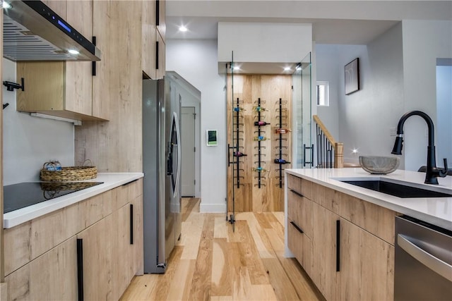 kitchen with light brown cabinets, sink, stainless steel appliances, and range hood