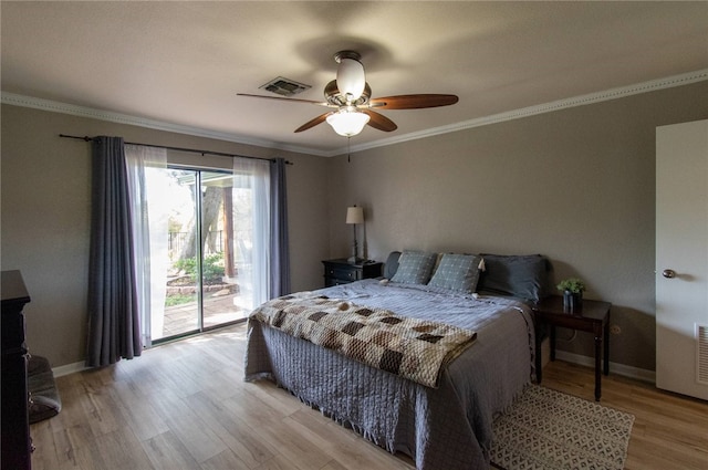 bedroom featuring ceiling fan, access to exterior, light wood-type flooring, and crown molding