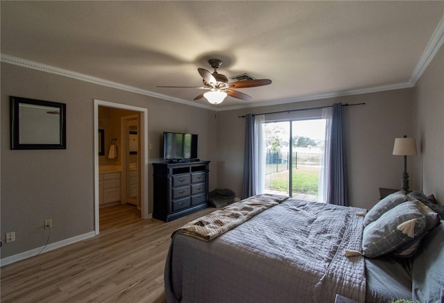 bedroom with ornamental molding, access to outside, ceiling fan, light hardwood / wood-style flooring, and connected bathroom