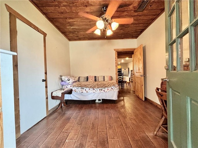 bedroom featuring ceiling fan, visible vents, wood ceiling, baseboards, and dark wood-style floors