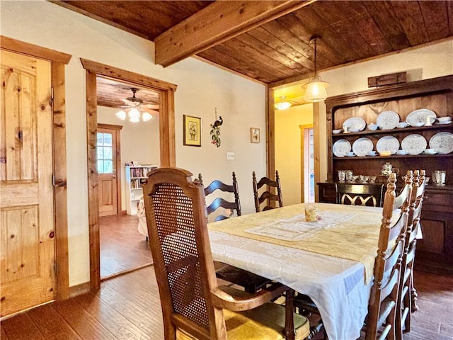 dining room featuring dark wood-style floors, beamed ceiling, and wooden ceiling