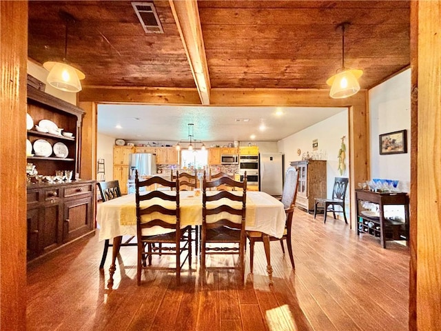 dining area featuring wood ceiling, hardwood / wood-style floors, beamed ceiling, and visible vents