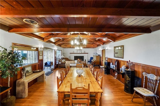 dining space featuring beamed ceiling, wooden walls, wood ceiling, and hardwood / wood-style flooring