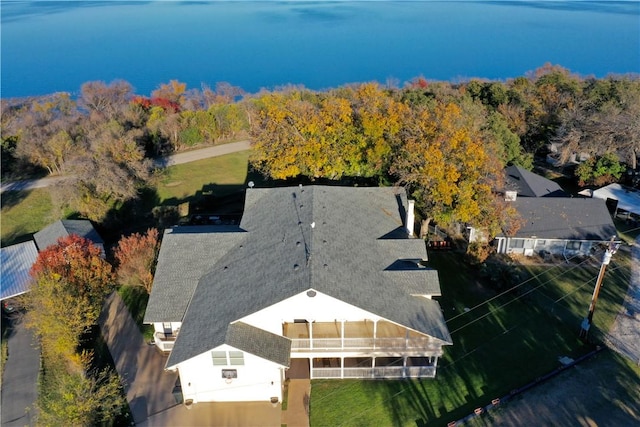 aerial view featuring a water view