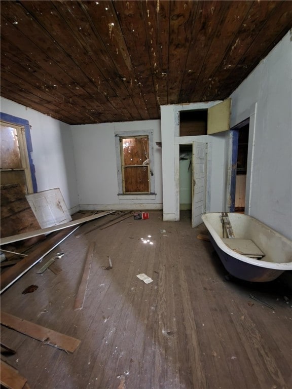 interior space with hardwood / wood-style floors and wood ceiling