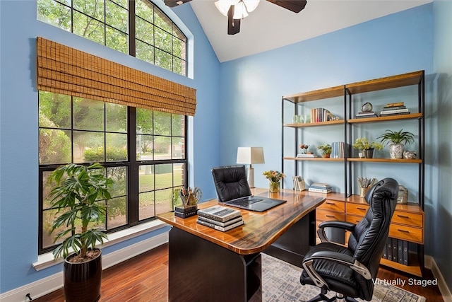 office space with wood-type flooring, vaulted ceiling, and ceiling fan